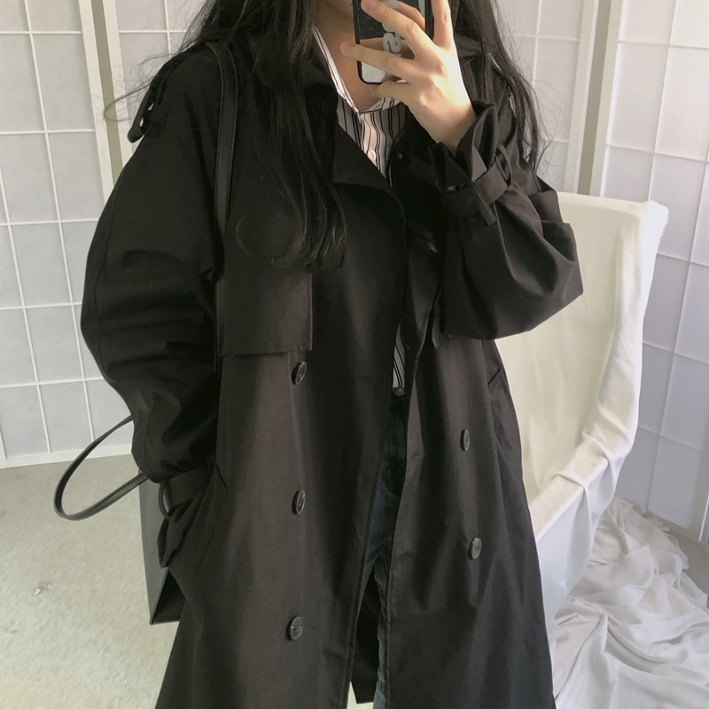 Chic kvinnor trenchcoat casual dam långa ytterkläder lös överrock med bälte vinter dubbelknäppt vindjacka femme