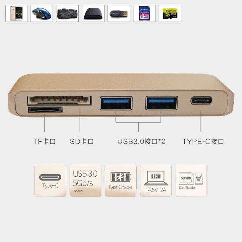 Multifunctionele 5-In-1 USB-C 3.1 Type-C Hub USB 3.0 Combo PD Power Levering SD/ TF Micro SD Kaartlezer Voor MacBook Chromebook