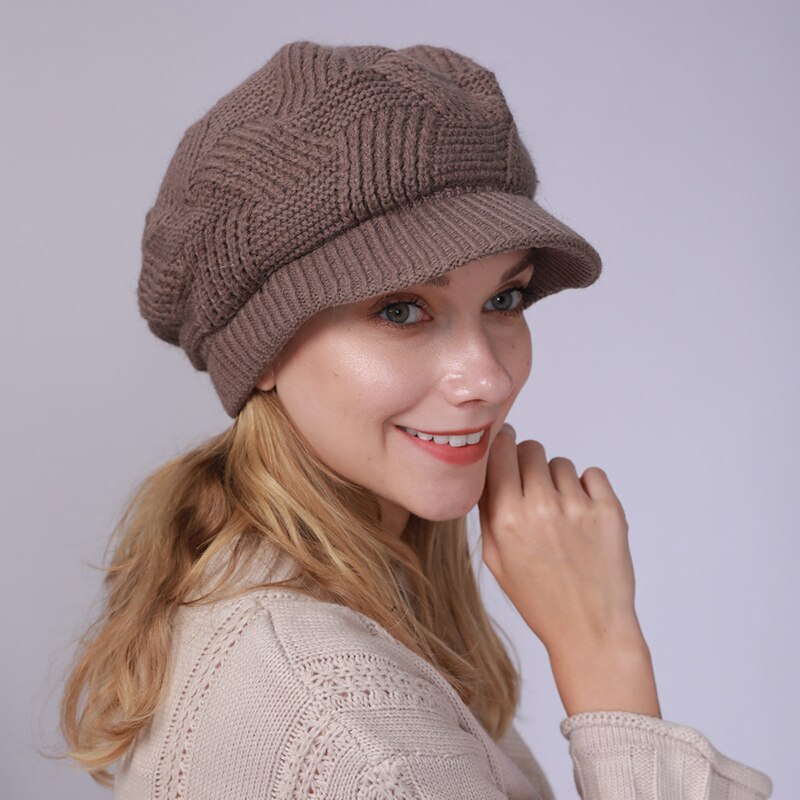Women Winter Crochet Pure Color Hat Cap Velvet Faux Rabbit Fur Knitted Hat Brim Beret Cap Headwear For Women Girls: Khaki