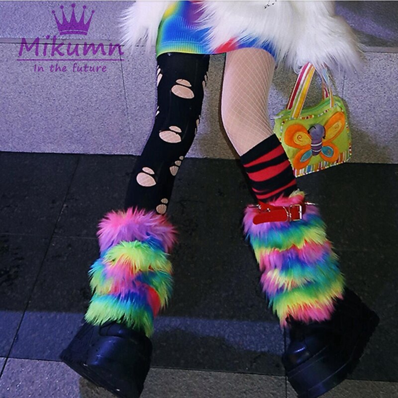 Harajuku japanilainen tyttö söpö sateenkaari pörröinen säärenlämmittimet sukat naisten talvi lämmin polvi korkea joustava jalkapeite katuvaatteet