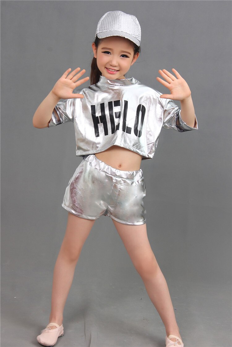 Girl Jazz Dance Girls Jazz Dance Costumes for Girls Kids Hip Hop Dancing Children Performance Jazz Costume For Girl Shirt Pant: Silver / 130cm