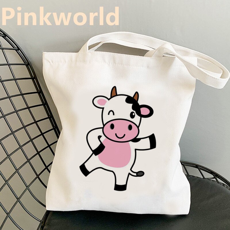 Tas Kawaii Koe Cartoon Grappige Leuke Print Canvas Cool Shopper Bag Shopper Zwart Wit Vrouwen Shopper Schoudertassen Tote tas: 8