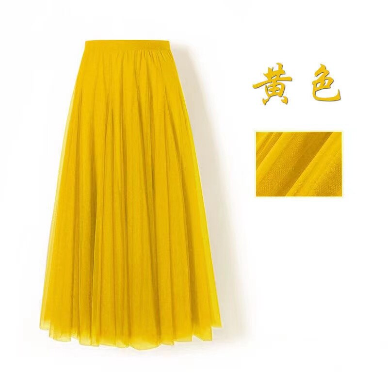 Spring Mesh Purple High Waist Skrit for Women 2022 Slim Fit Pleated Mid-length Skirt Female Faldas: Yellow