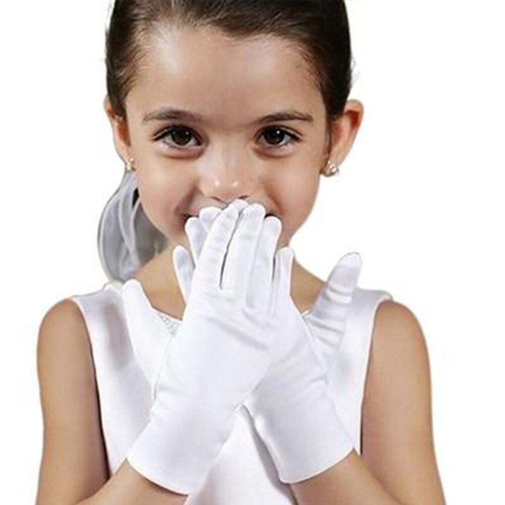 Kids Handschoenen Witte Korte Satijnen Voelen Jongen Hold Bloem Meisje Show Dance Elastische Zachte Comfortabele Handschoenen Voor 3 ~ 10 jaar Oud