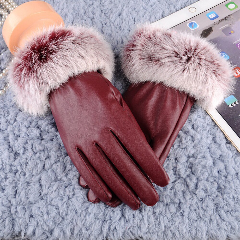 Warm Gloves Lady Luxury Fur Gloves Winter Leather Full Finger Warm Glove Driving Outdoor Glove Women Black Mitten #L20: Red 
