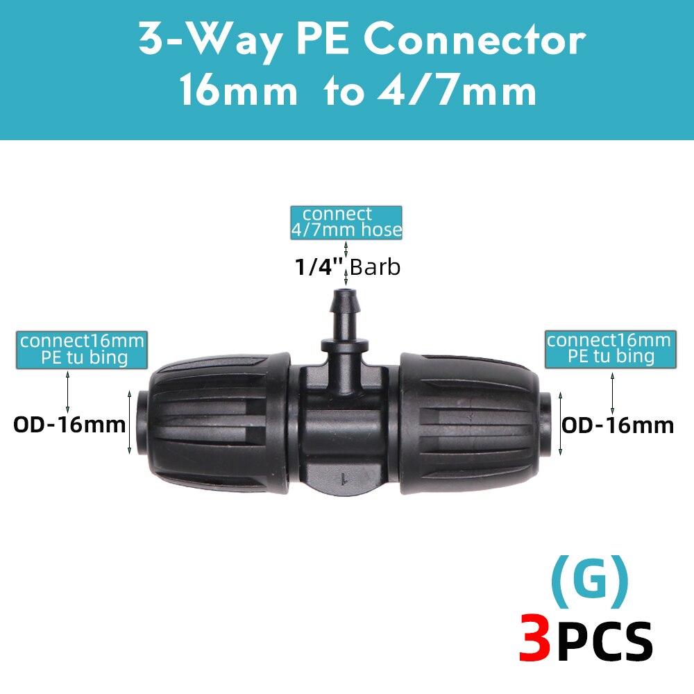 16mm PE Tubing Garden Water Connector to 8/11mm 4/7mm 3/5mm Reduce Tee Coupling Adapter Equal Shut Off End Plug Irrigation: G-3PCS