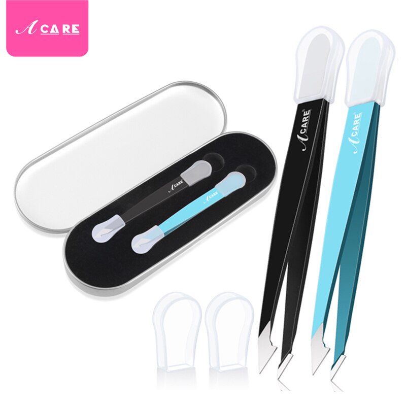 2 Stuks Wenkbrauw Pincet Brood Rvs Professionele Platte Tip Schuine Tip Eye Brow Remover Gezicht Haar Makeup Beauty Tools: Black Blue with Box
