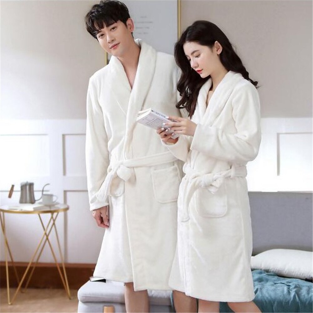 Pajamas White Women Men Coral Kimono Bathrobe Gown Lovers Couple Flannel Nightwear Winter Thicken Warm Soft Robe Gown Sleepwear