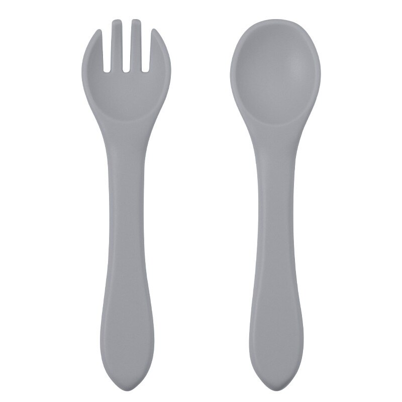 Suction Cup Baby Dishes BPA Free Silicone Baby Feeding Bowl Kids Tableware Non-Slip Infant Food Plate Kids Training Spoon Fork: Spoon Fork-Gray