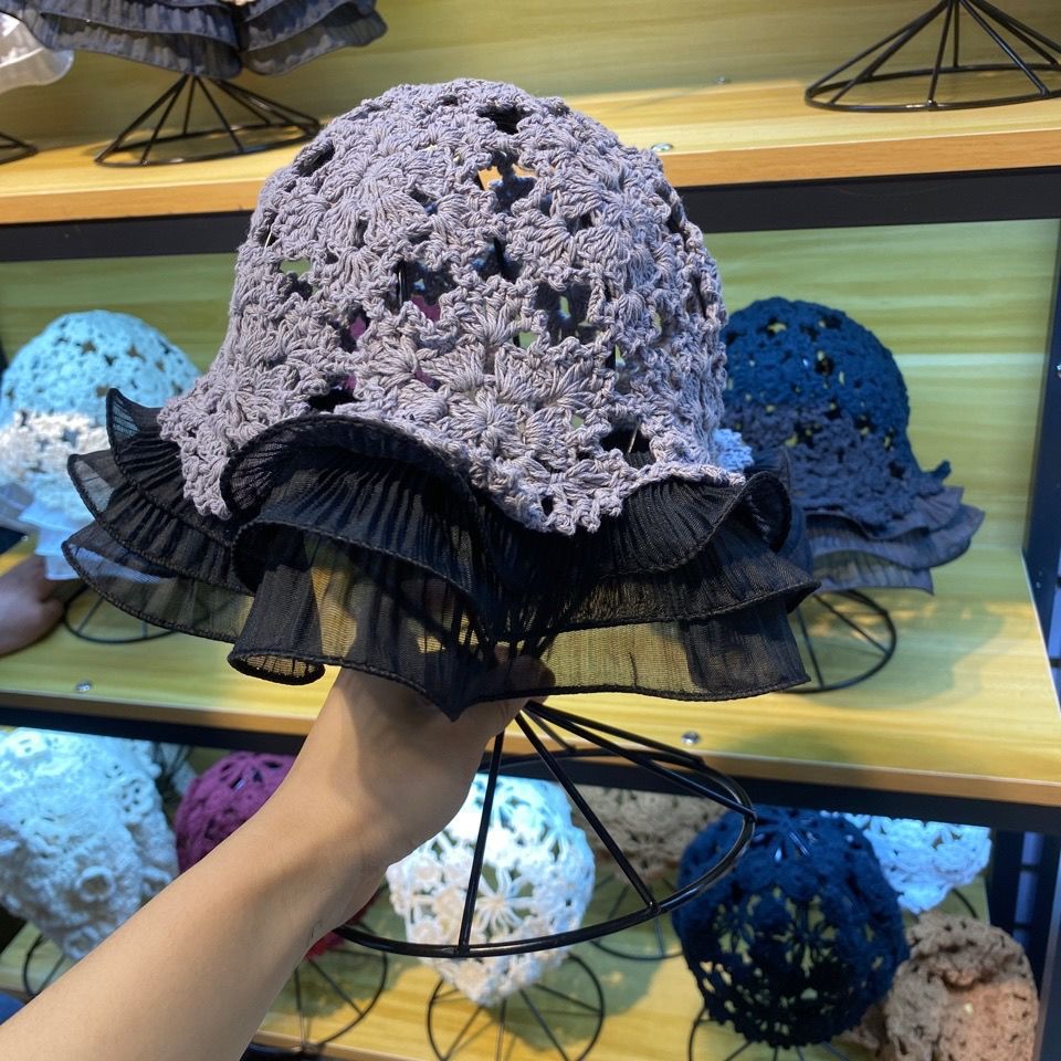 202012-yc2115 French garden Eyelash lace handmade crochet Ruffle Hollowing out acrylic leisure lady sun cap women hat: Gray