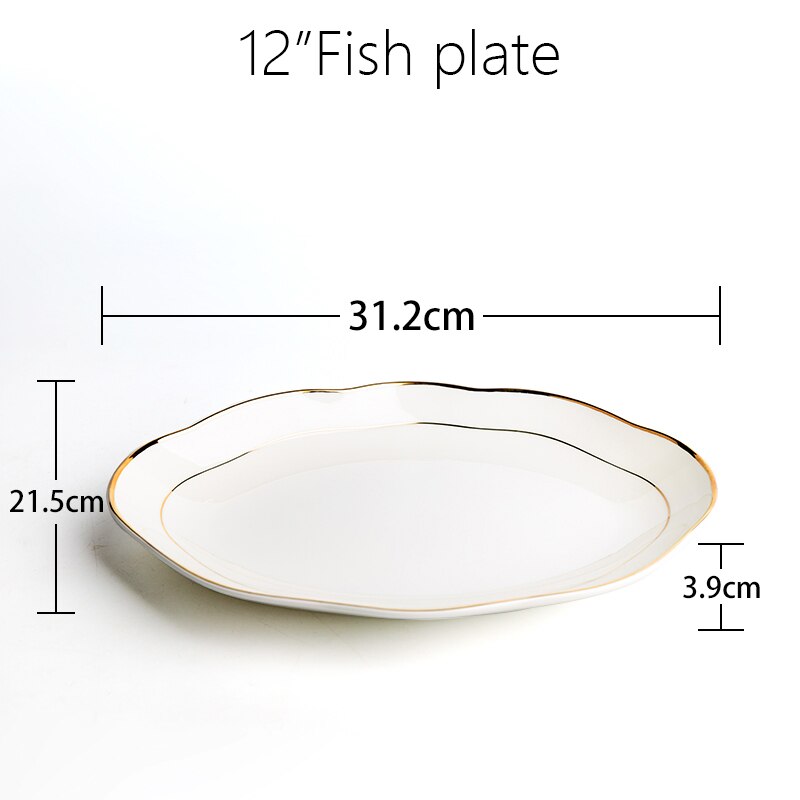 10 & 8 & 4 inch, real bone china dinner plate set, white porcelain plate, dishes for restaurant, white porcelain tray: 12 Fish plate