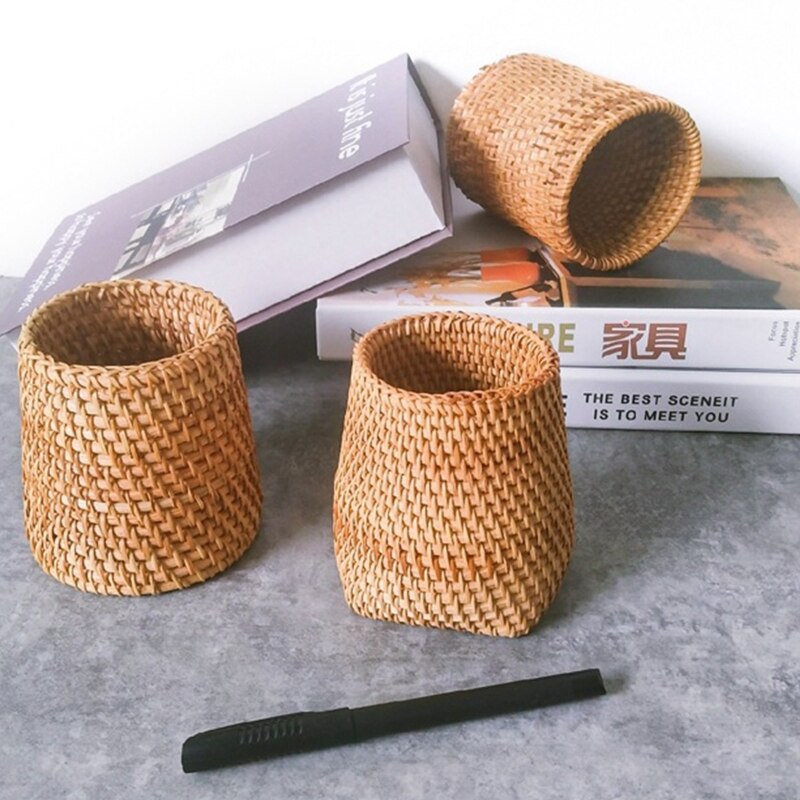 Portalápices de ratán Natural hecho a mano, Cubo de almacenamiento tejido, decoración de escritorio para el hogar y la Oficina, cilindro tejido a mano para el hogar