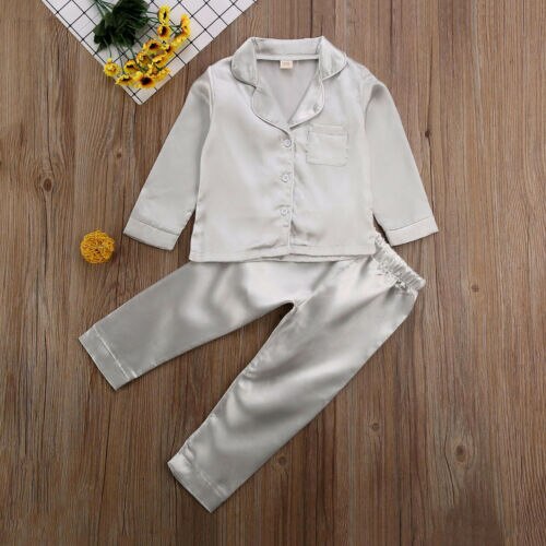 Kinderen satijnen pyjama's met knoopjes, peuters, babyjongens, meisjes, zijden pyjama's, pyjama's met satijnen set, nachtkleding voor kinderen, nachthemd