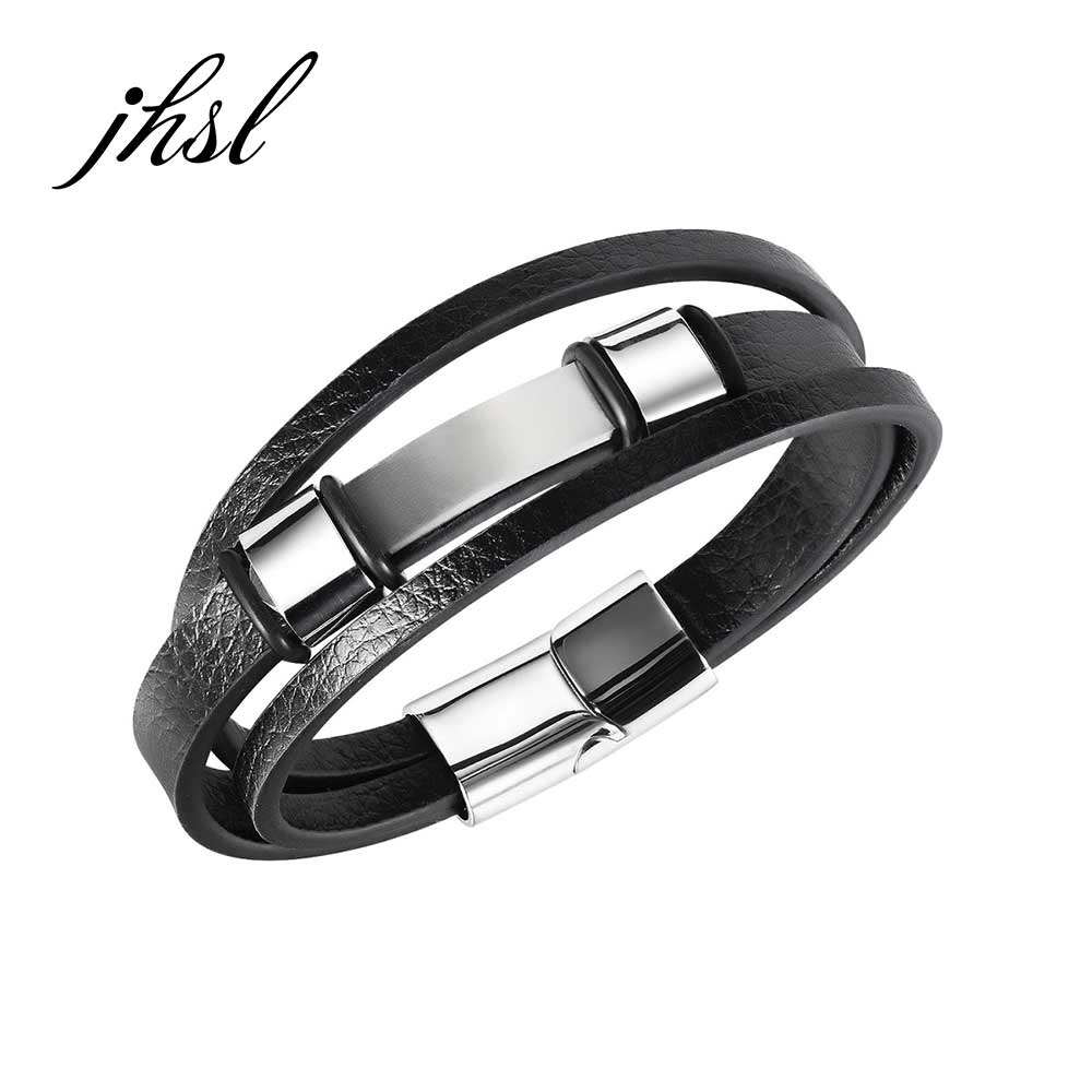 JHSL Black Leather Men Wrap Bracelets Bangles Wristlet Magnet Buckle Jewelry Stainless Steel