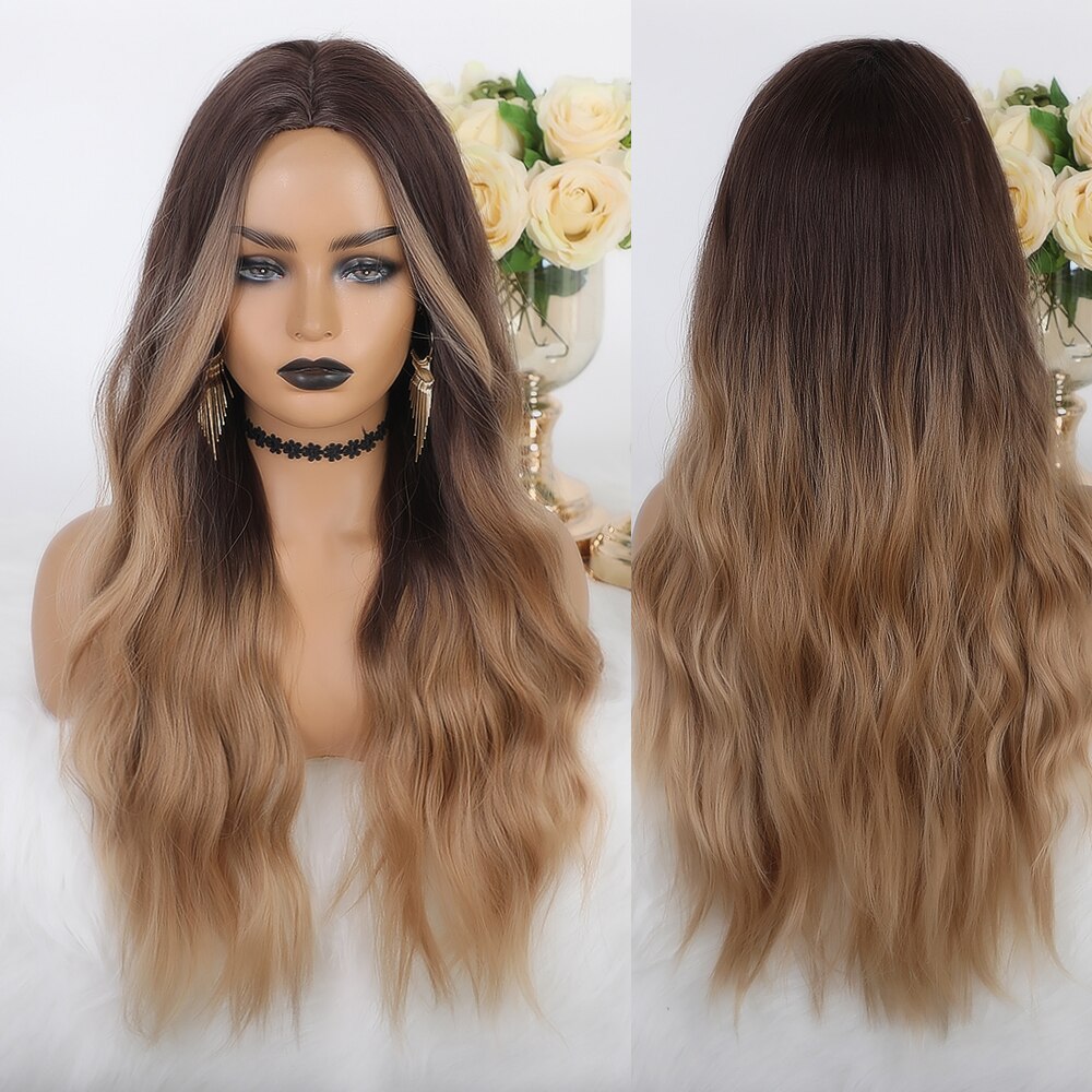 JONRENAU Long Synthetic Natural Wavy Dark Brown Hair Wig with highlight for White /Black women Daily Wear Wigs: lc334