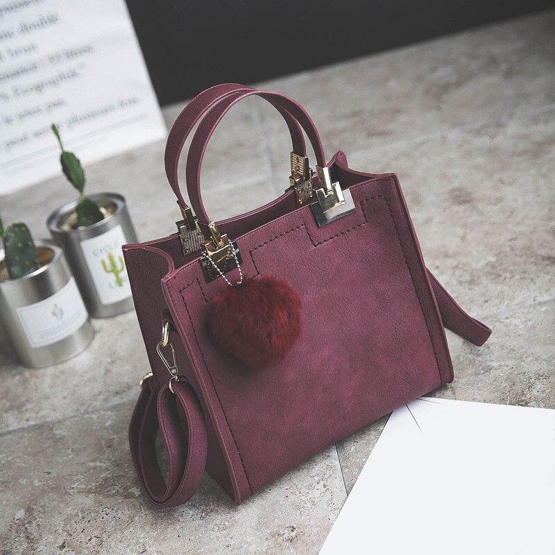 Brand Designers Hangbags For Women PU Leather Hairball Pendant Handbag Lady's Shoulder Messenger Bag For Women Tote Bag: Purple