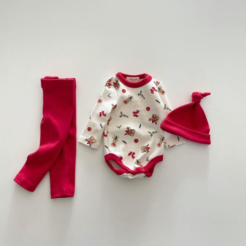 2022 Herfst Winter Pasgeboren Kleding Set 3Pcs Kerst Herten Jongens Meisjes Lange Mouw Bodysuit + Katoen Mode Broek + hoed 0-2 T: red / 6M 66CM