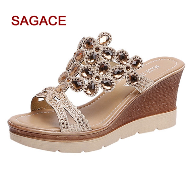B Sagace Wiggen Schoenen Vrouwen Zomer Peep Toe Ademend Strand Sandalen Strass Slip-On Wedges Schoenen Sandalen Mujer