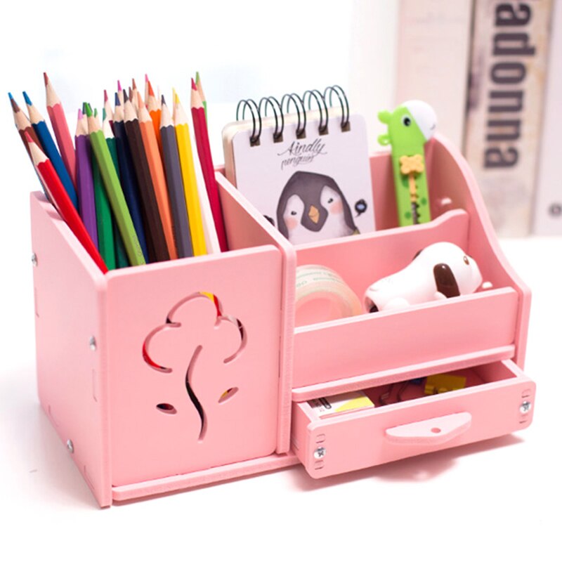 Multi-function 4 Grid Desktop Pen Holder Office School Stationery Storage Case Wood Box Desk Pen Pencil Organizer Phone Holder