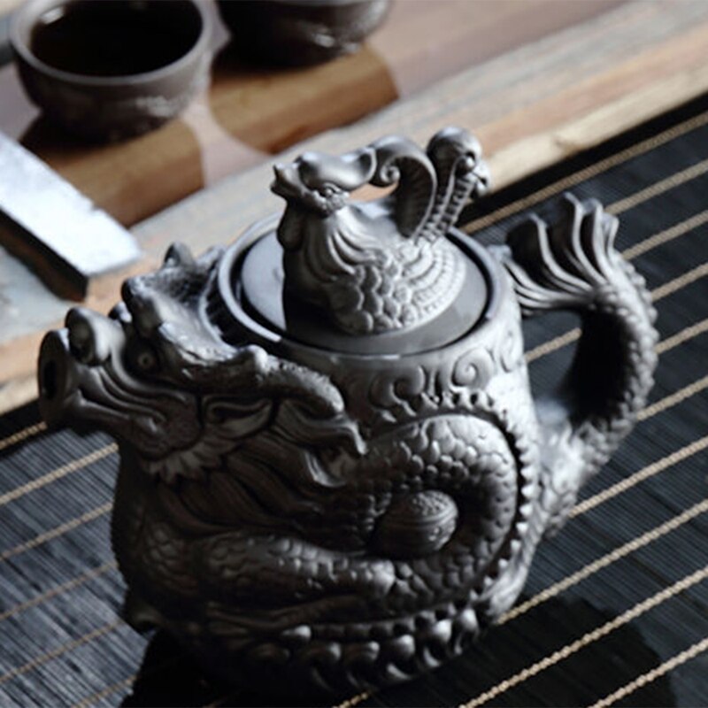 Teapot Dragon and Phoenix Tea Pot Big Capacity Purple Clay Tea Set Kettle Kung Fu Teapot (Black)