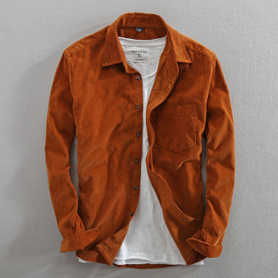 Mænd forår og efterår mærke i japansk stil vintage ensfarvet fløjlsskjorte herre afslappet tynde bomulds skjorter med lange ærmer: Karamel / Asiatisk størrelse xxxl