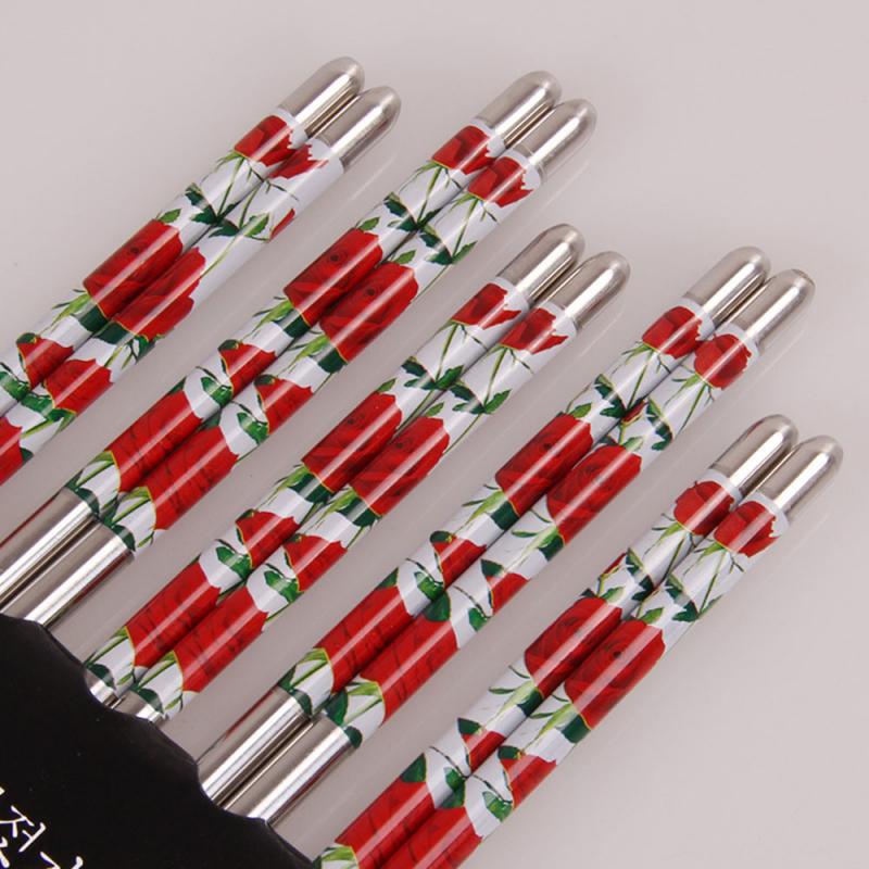 5 Pairs Rvs Eetstokjes Voedsel Stok 22.5Cm Antislip Traditionele Bloemen Patroon Multicolor Herbruikbare Stijlvolle Gezonde