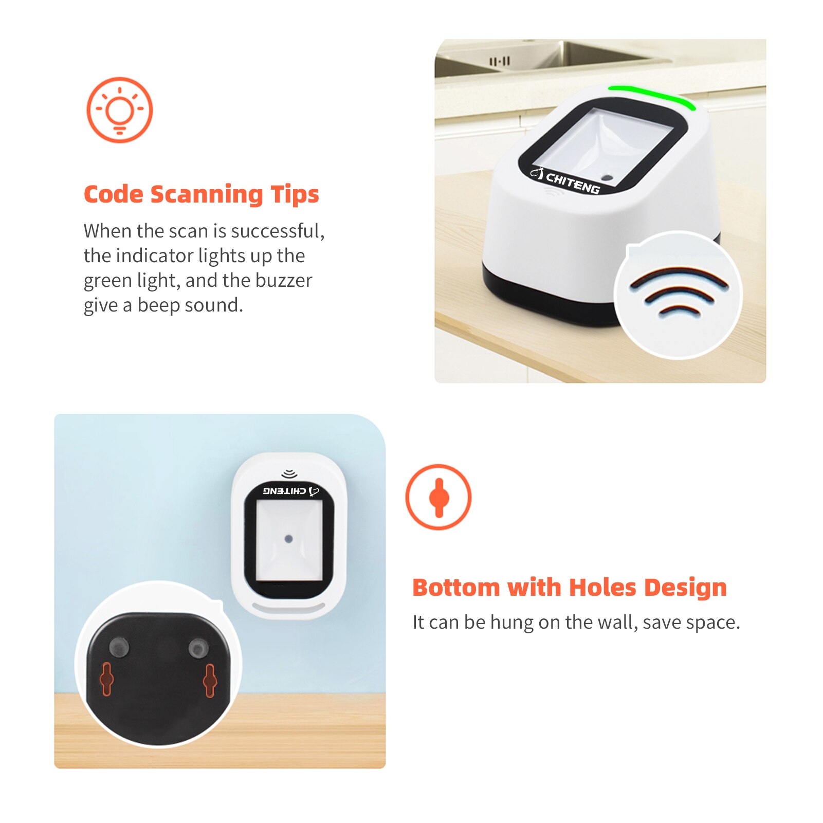 Omnidrectional Desktop Hands-free 1D 2D QR Barcode Scanner Platform Wired Bar Code Reader Support Auto-Sensing/Continuous Scan