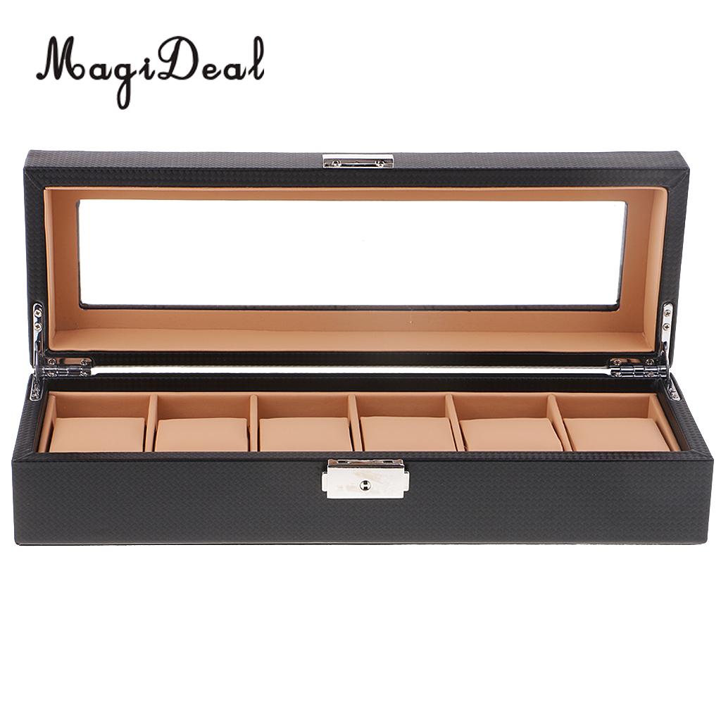 Magideal 6 -rooster pu-leren doos horloge opbergdoos luxe vitrine houder decoratie ambachten met slot voor horloges sieraden