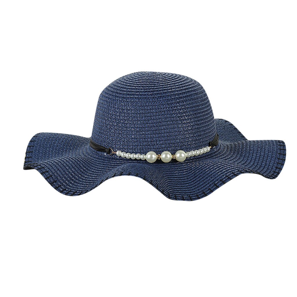 Mode Zomer Cap Voor Vrouwen Grote Brede Rand Strooien Hoed Parel Decoratie Strand Zon Opvouwbare Cap: NY