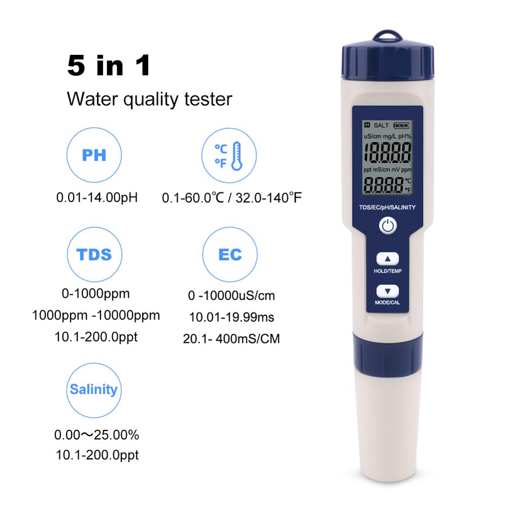 Digitale Water Tester 5 In 1 Ph/Tds/Ec/Zoutgehalte/Temperatuur Tester Pen Waterdichte Multi-functie Meter Voor Aquarium Zwembad: No backlight