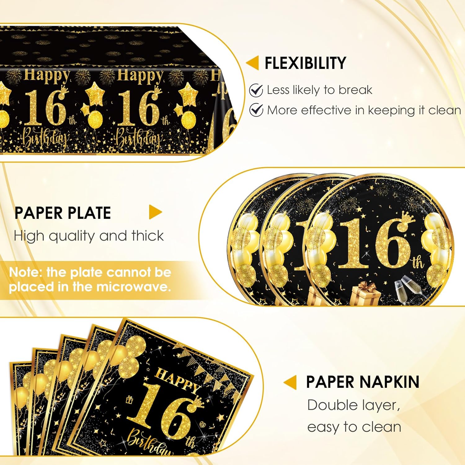 16e verjaardag voor jongens meisjes Gelukkige 16e verjaardag benodigdheden 16 feestdecoraties Zwart goud 16e verjaardag Borden Servetten Tafelkleden