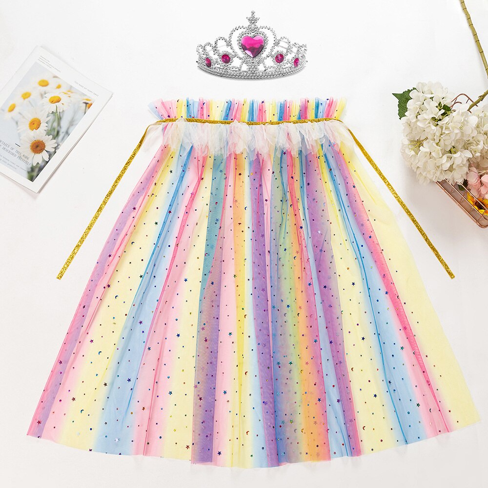 Girls Tutu Cape Girls Halloween Christmas Cloak Beautiful Kids Girls Party Wear Cape Rainbow Star Sequins Capes: Set A
