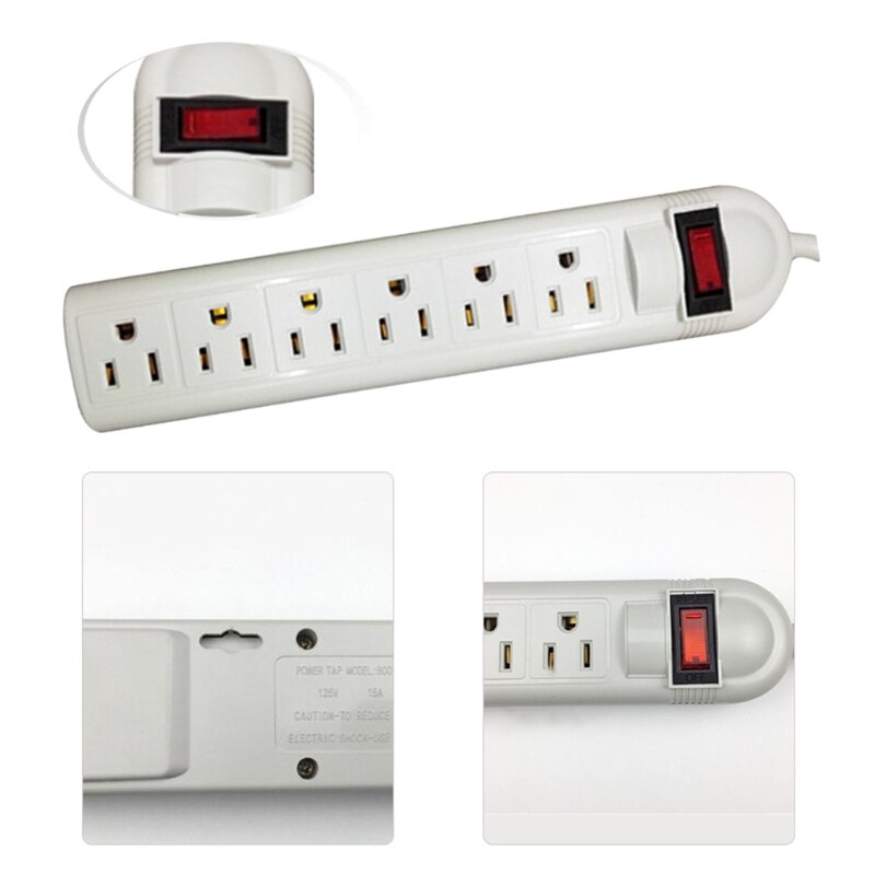 US Plug 6 Socket Surge Protector Wall-mounted 14AWG Horizontal Power Strip Power Socket Switch with Overload Protection