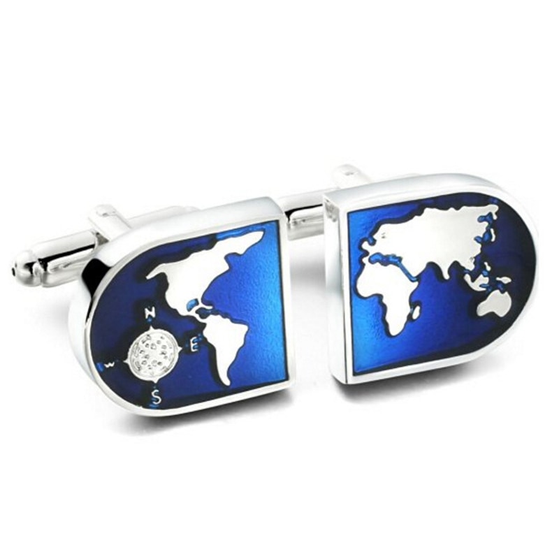 Franse Stijl Zilver Blauw globe Manchetknopen Voor Heren Shirt pak Manchet Knoppen Top Manchetknopen Sieraden