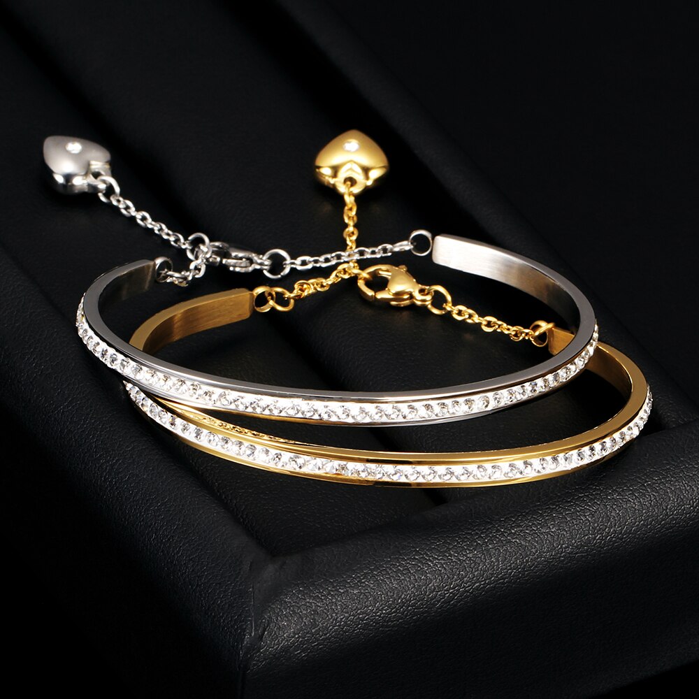 NIBA Gold-Color Cuff Bangle For Women One Row Crystal Stainless Steel Bracelet Bangle Jewelry Adjustable Chain