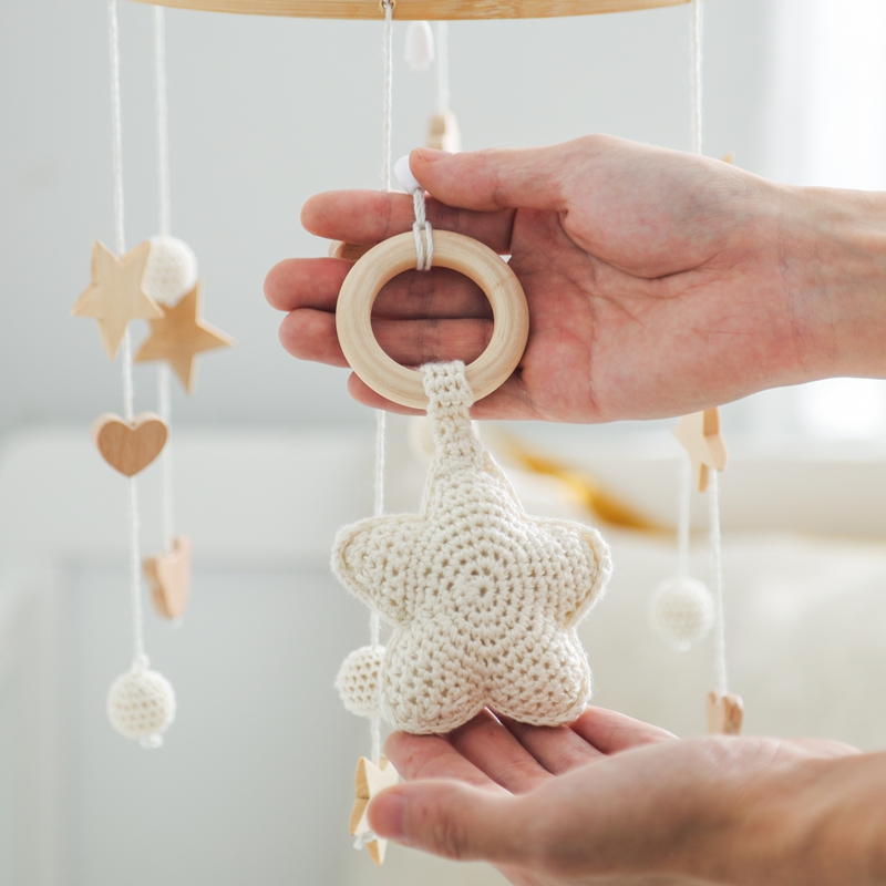 Campana para cama móvil para cuna de bebé, sonajero de madera de ganchillo, colgante de estrellas, campana para cama, juguetes para recién nacido, soporte para cuna cómodo, juguetes colgantes,