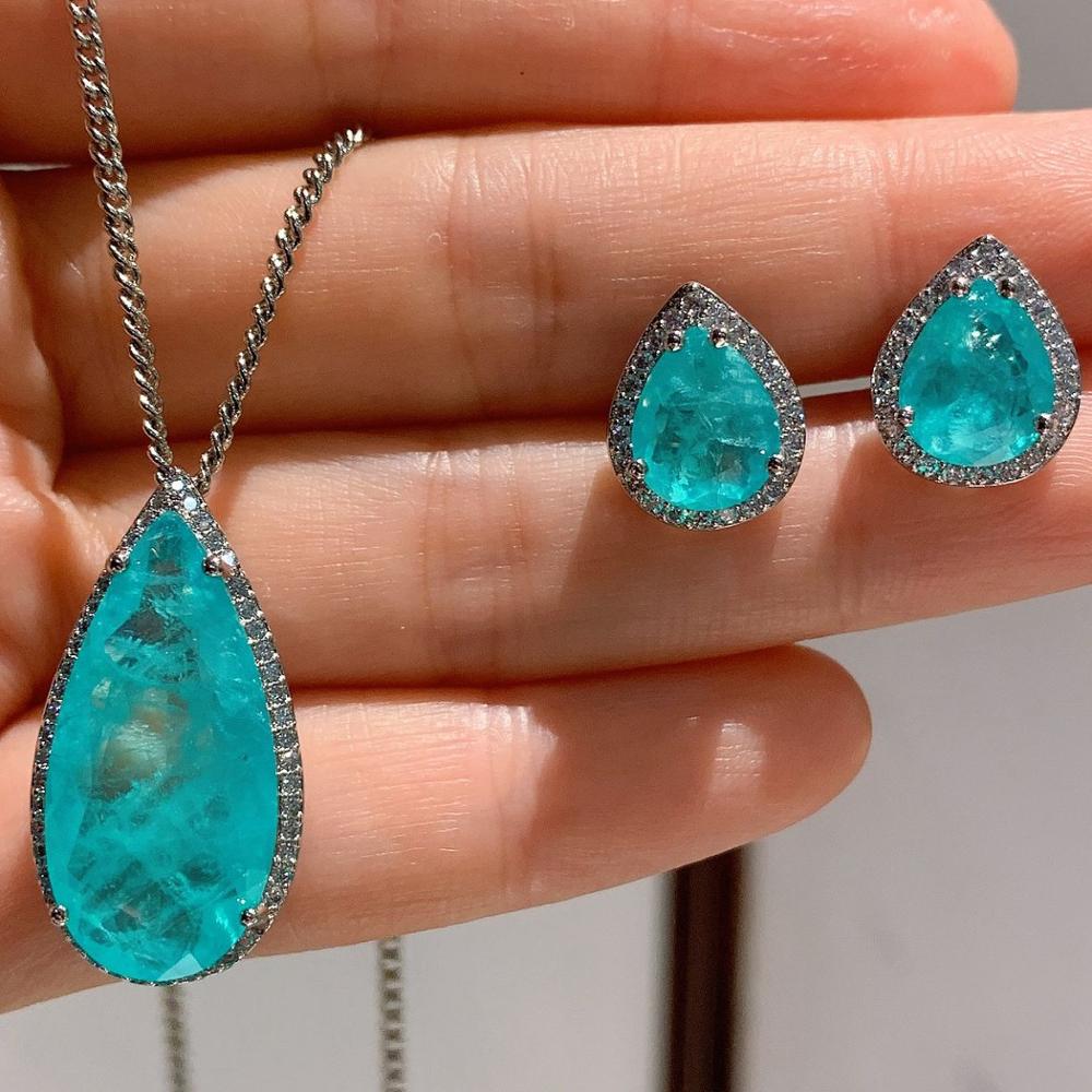 Lago azul paraiba turmalina esmeralda pedra preciosa conjunto de jóias para mulher prata 925 cor do parafuso prisioneiro brincos colares para presentes de casamento