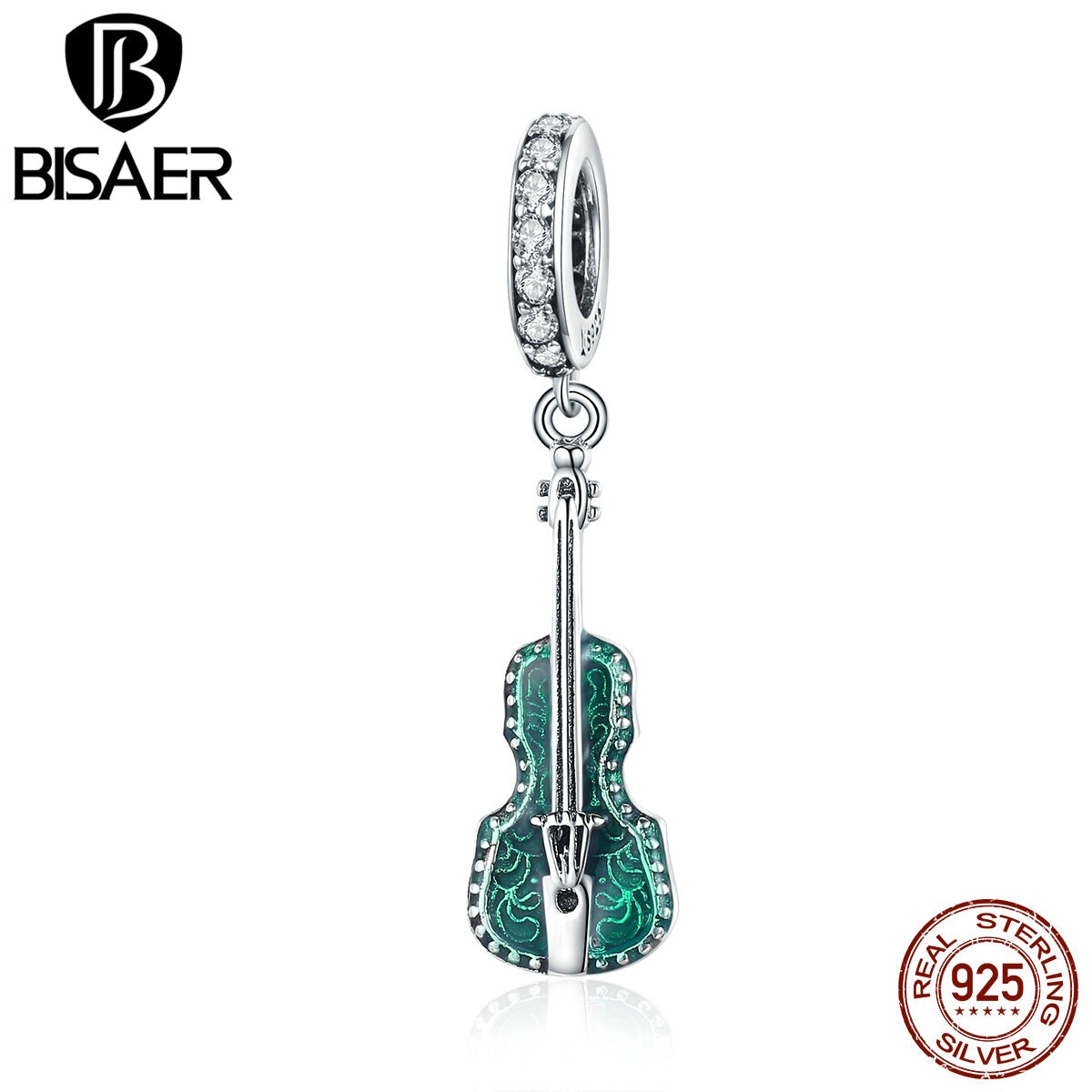 Bisaer 925 sterling sølv musik violin charms grøn cubic zircon violin vedhæng fit kvinder armbånd & halskæder smykker ecc 1097