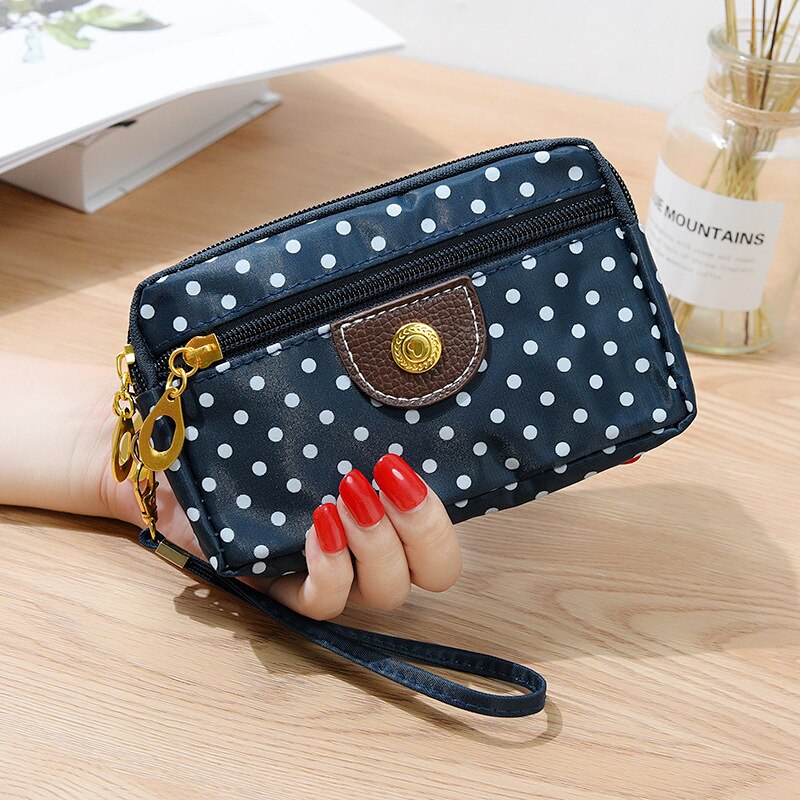 Women Wallet Cute Dot Canvas Three Zipper Multi-layer Fabric Mobile Phone Bag Female Clutch Pouch: Navy