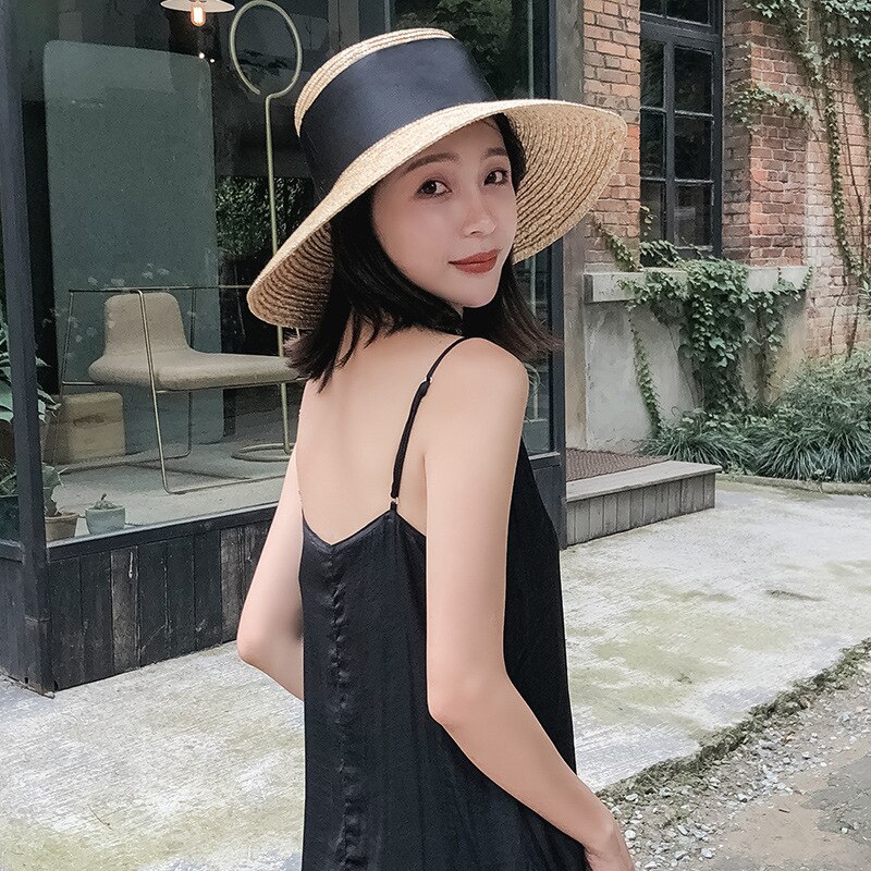 Sommer solhat kvinder bred side sort bånd stråhatte solskærmshatte strand solhatte med 13cm bred skygge dame retro