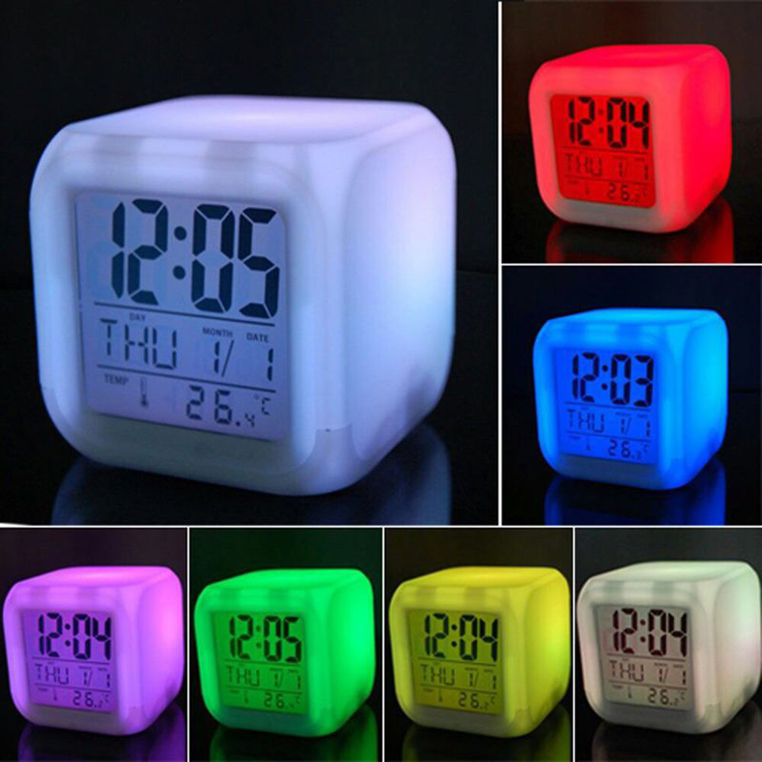 LED 7 Colori Ardore Cambia Digital Raggiante di Allarme Termometro Orologio Cubo