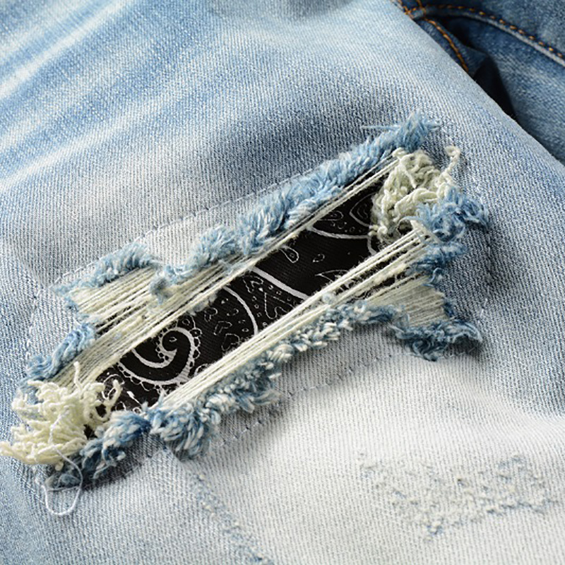 Jean en Denim imprimé Paisley Bandana pour homme, Streetwear, Patch flamme, Patchwork, pantalon extensible, déchiré, effilé
