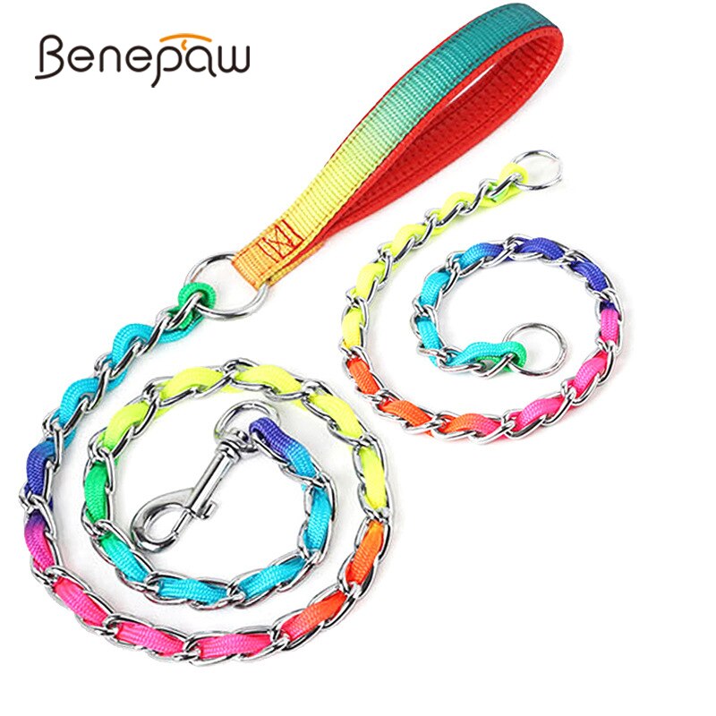 Benepaw regnbue hundehalsbånd bly sæt robust rustfrit stål p choke metal kæde pet snor til små mellemstore hunde træning