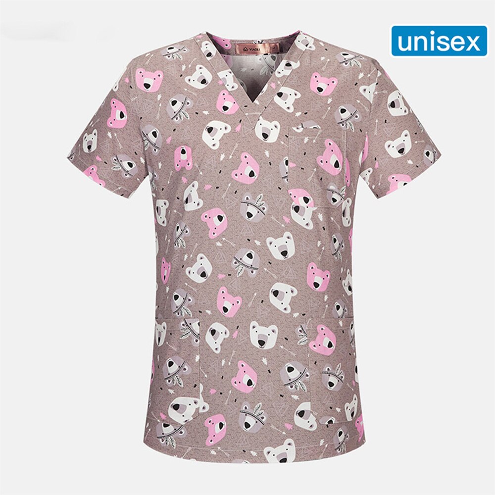 breathable cartoon printing nursing scrub unisex dental care uniform workwear shirt cotton workwear top + hat