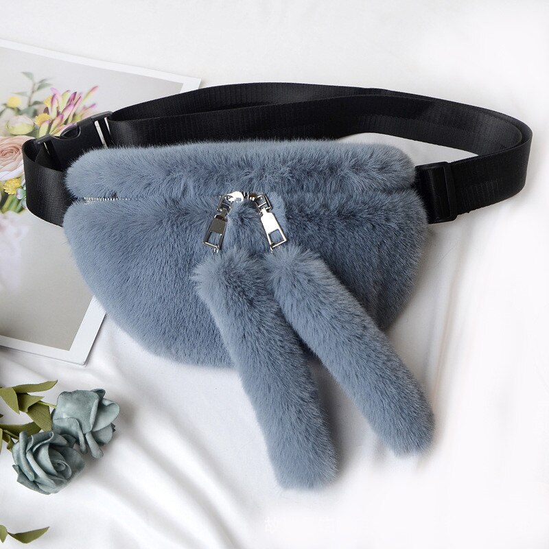 Faux Rabbit Fur Waist Bag WomenS Plush Fanny Pack Waist Bag Women Winter Bag Women Hip Travel Bag Phone Bag Casual Chest Bag: Haze blue