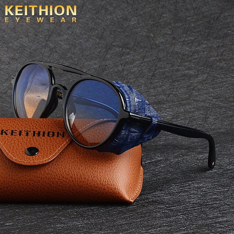 KEITHION Steampunk Men Sunglasses With Side Shields Summer Style Leather Round Sun Glasses Women Retro UV400