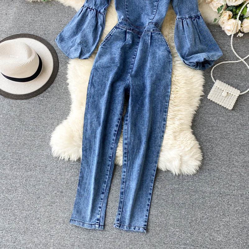 Gagarich kvinner denim jumpsuit sexy slash neck off-shoulder pufferm dame høst high street retro jeans bodysuit