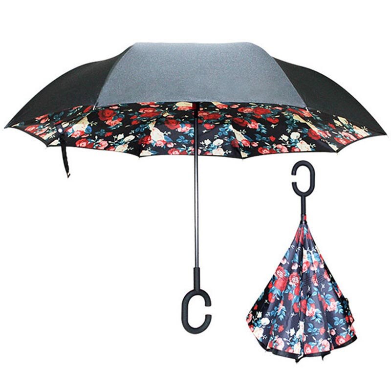 JPZYLFKZL Freies stil Kreative Lange Schaft Doppel Schicht Invertiert Regenschirm Winddicht Reverse C-Haken männlichen golf regenschirm reverse