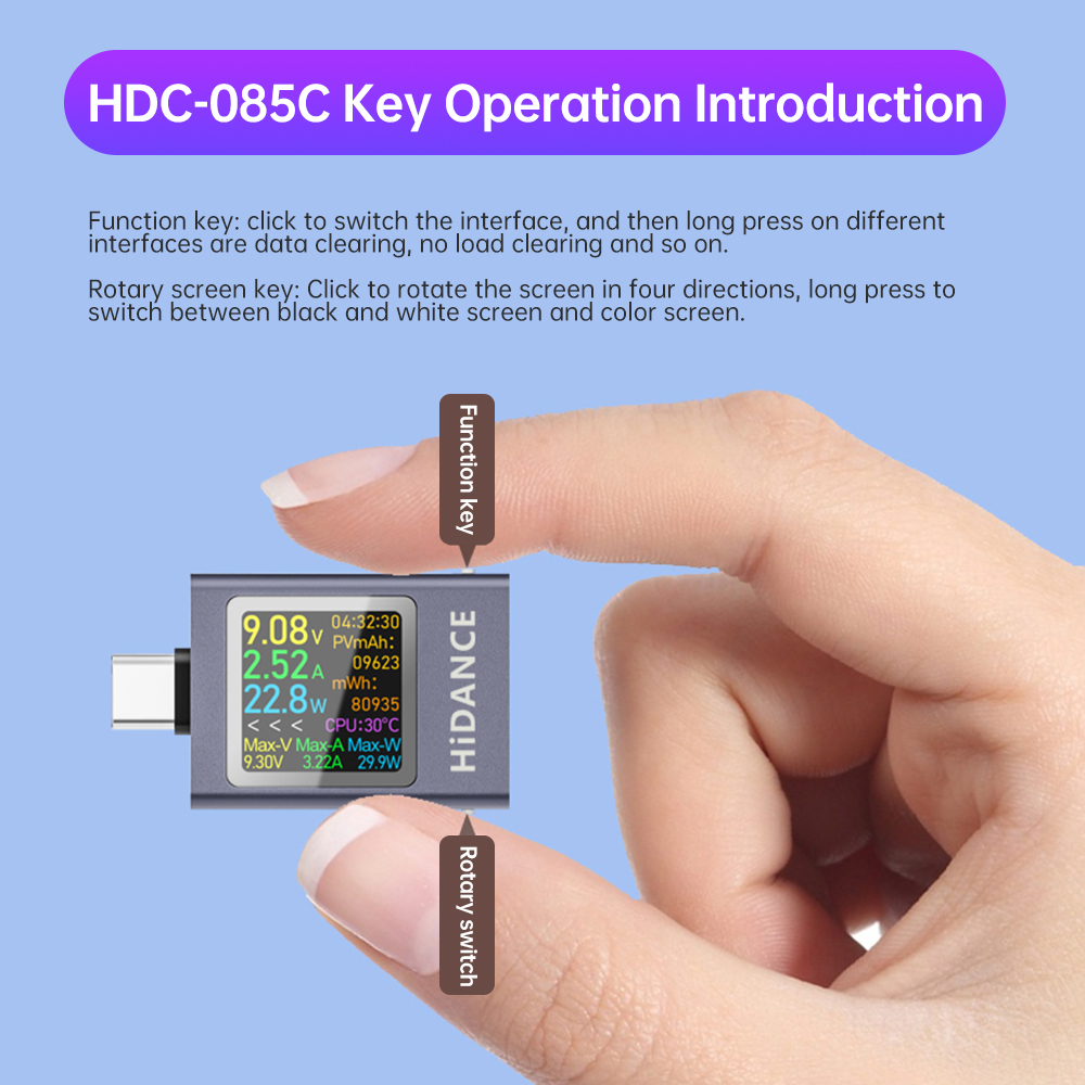 HDC-085C Power Meter Tester DC4.5–50V Multifunctionele Type-C oplader-tester / Power Meter Spanningsstroom Vermogenscapaciteitstest