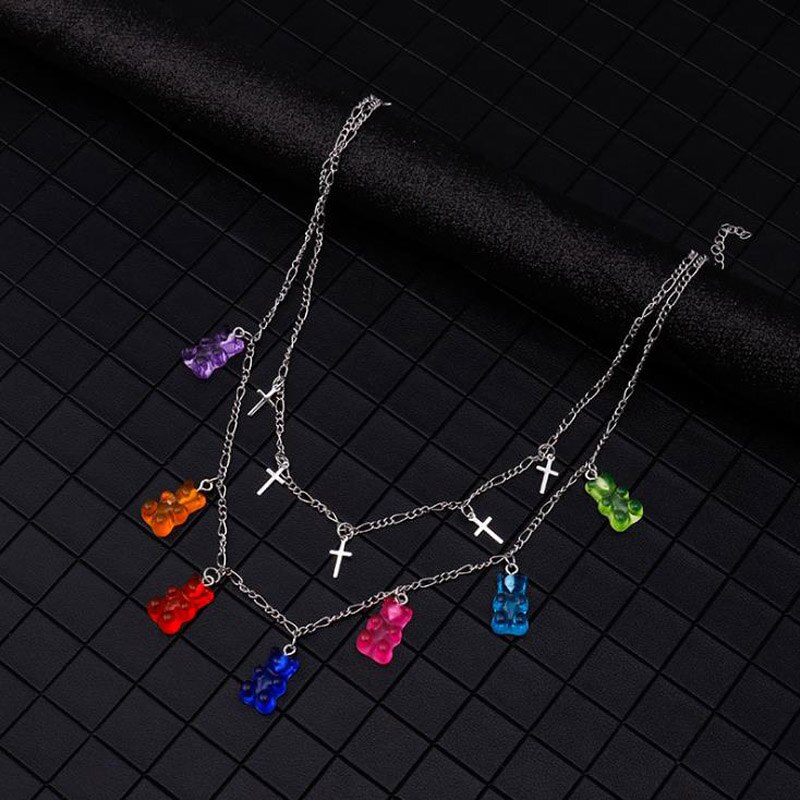 Collane a catena multistrato Color caramella croce gommosa Mini orso per le donne carino Crtoon pendenti animali gioielli Femme Bijoux Collare